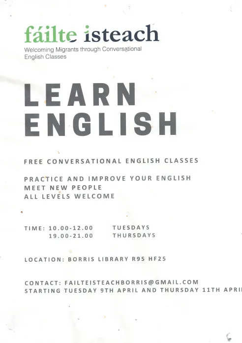 Fáilte Isteach — Free Conversational English Classes (Tuesday Morning) flyer