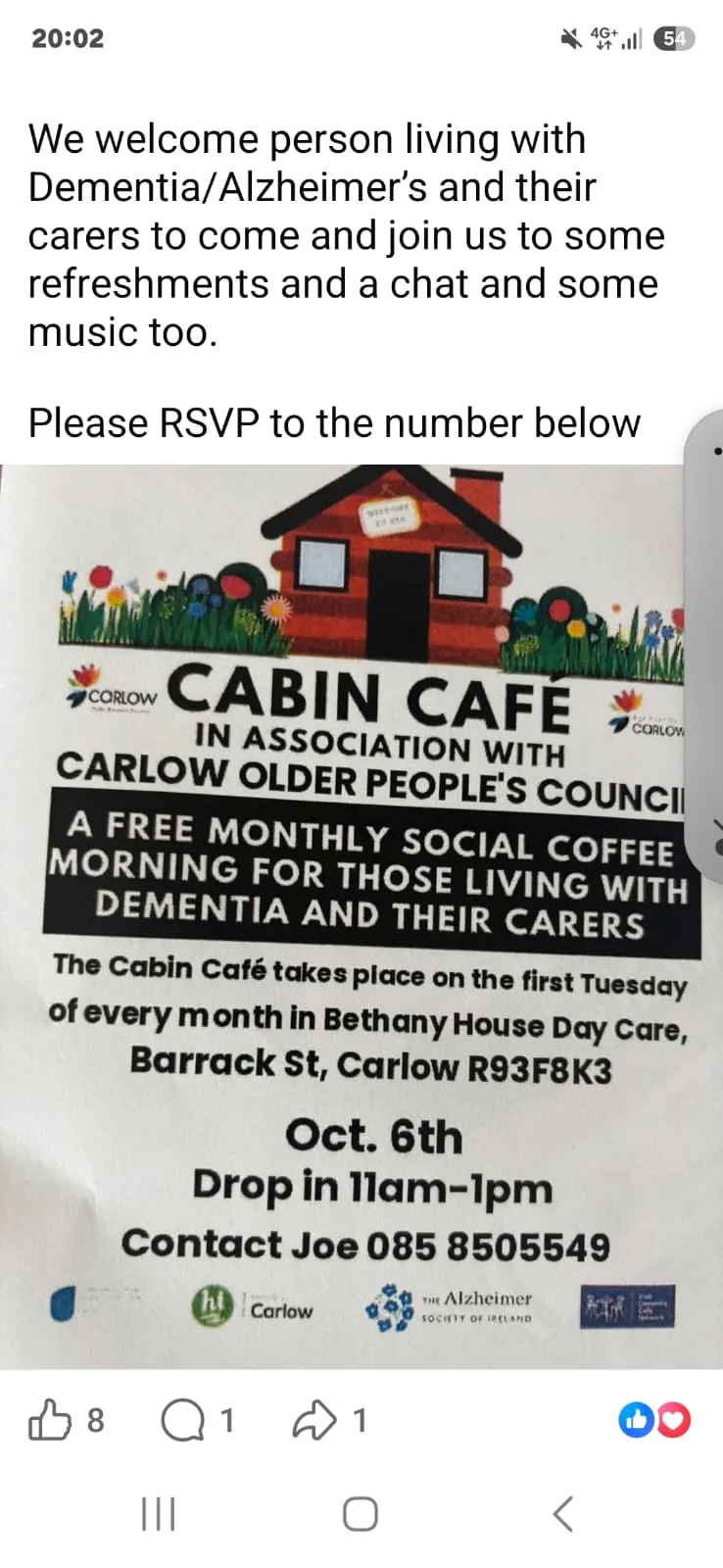 Cabin Café — Monthly Coffee Morning for People Living with Dementia and Their Carers flyer