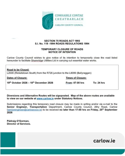 Temporary Road Closure Notice — L2000 Ricketstown South (Ballyraggan) flyer
