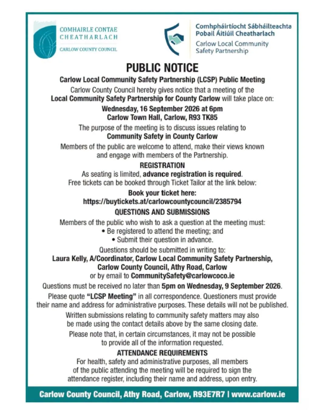 Carlow Local Community Safety Partnership (LCSP) Public Meeting flyer