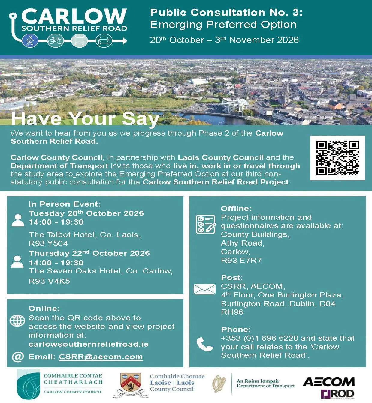 Carlow Southern Relief Road — Public Consultation No. 3 (In-Person Event, Seven Oaks Hotel) flyer