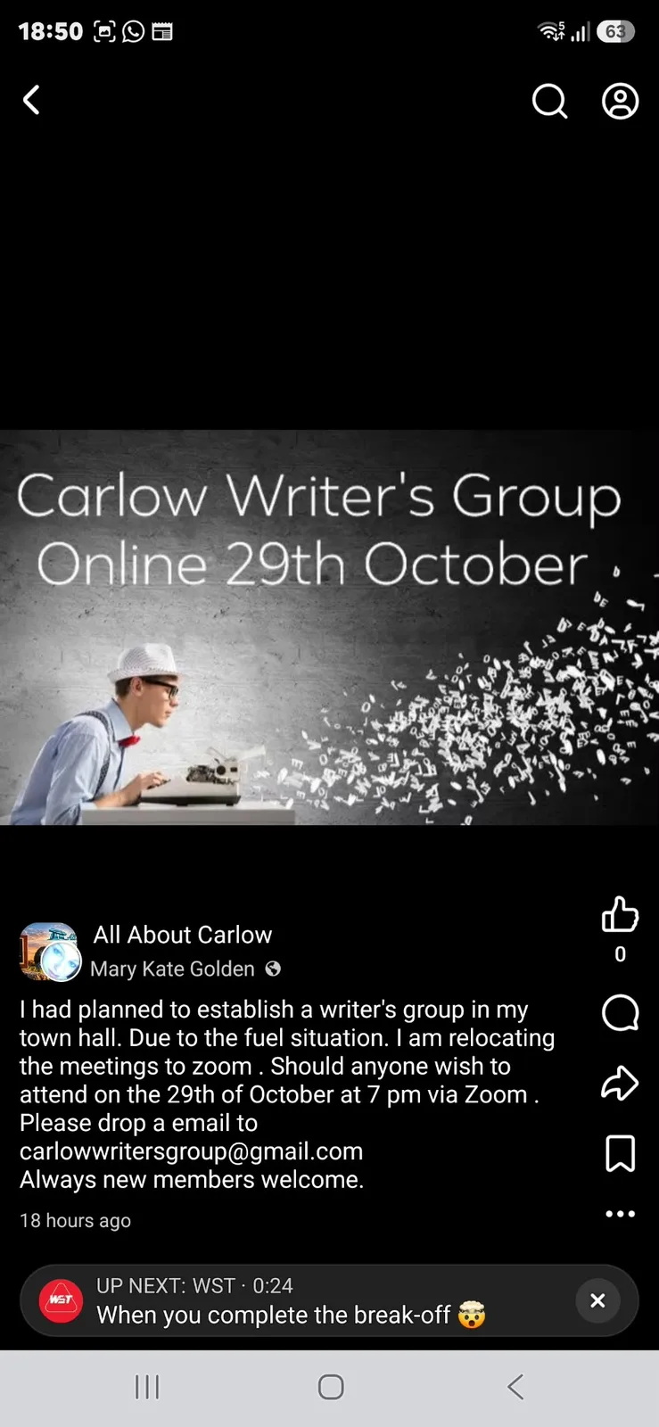 Carlow Writers’ Group — Online Meeting (Zoom) flyer