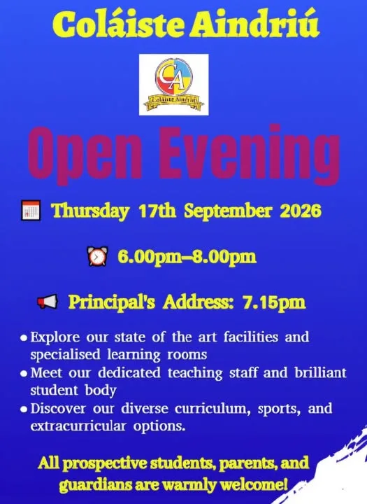 Coláiste Aindriú — Open Evening flyer