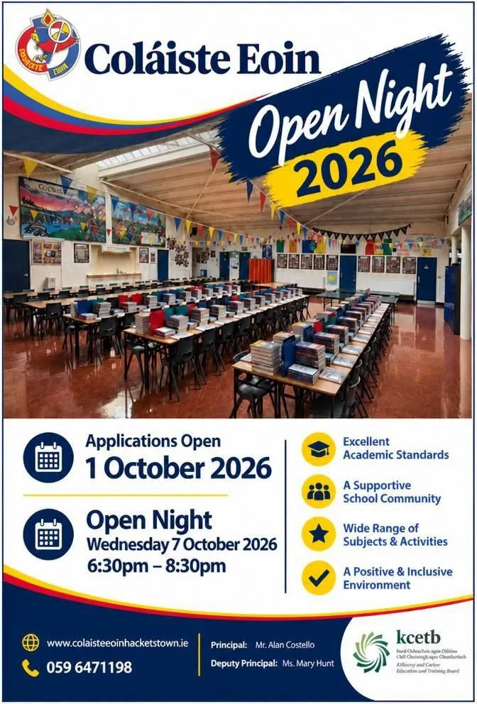 Coláiste Eoin — Open Night 2026 flyer