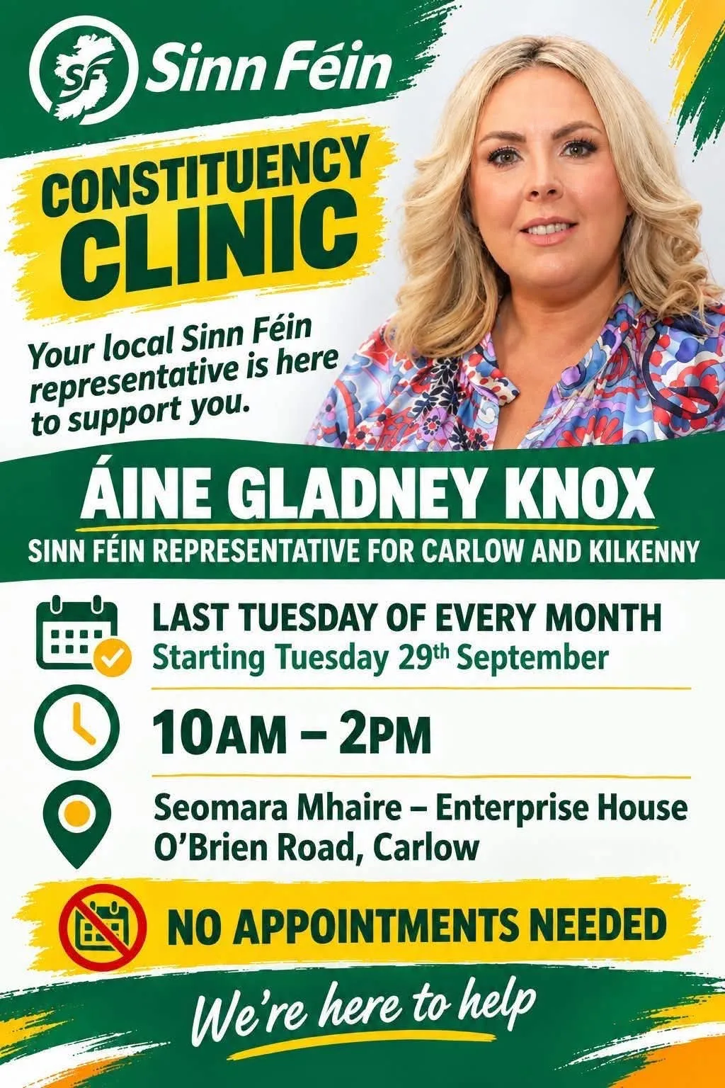 Constituency Clinic — Áine Gladney Knox (Sinn Féin) flyer