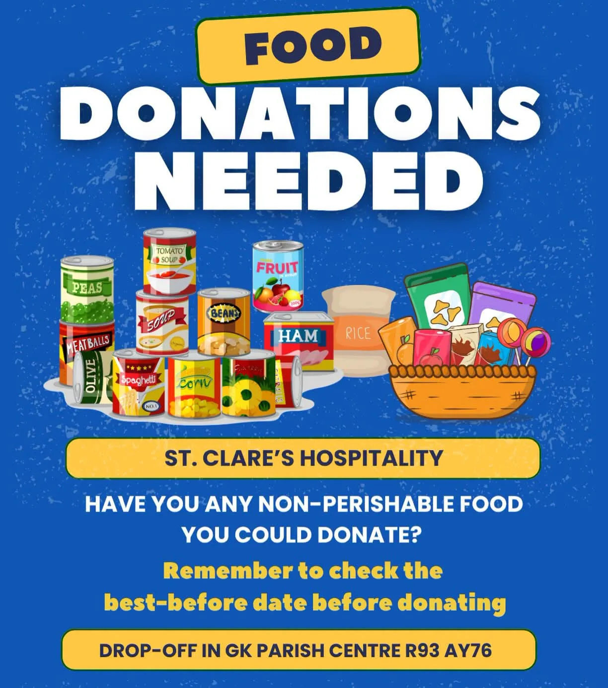 Food Donations Needed — St Clare's Hospitality flyer