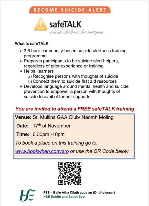 Free safeTALK Suicide-Alertness Training (HSE) — St Mullins flyer