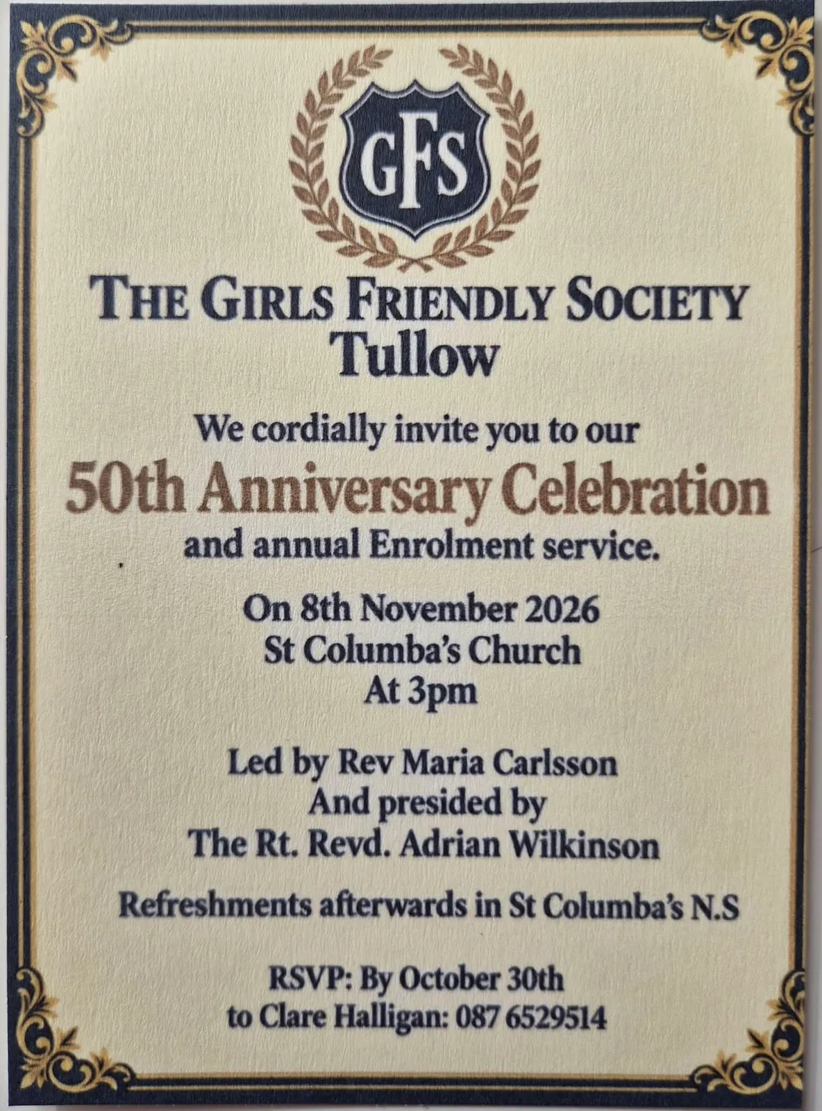 GFS Tullow — 50th Anniversary Celebration & Annual Enrolment Service flyer