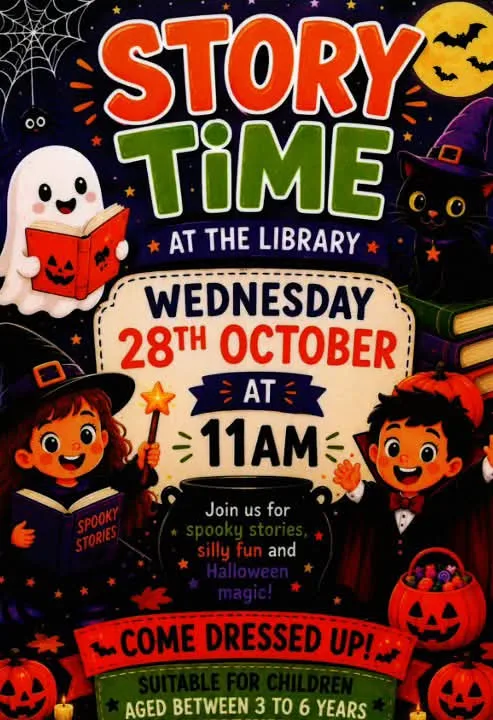 Halloween Story Time at the Library (Ages 3–6) flyer