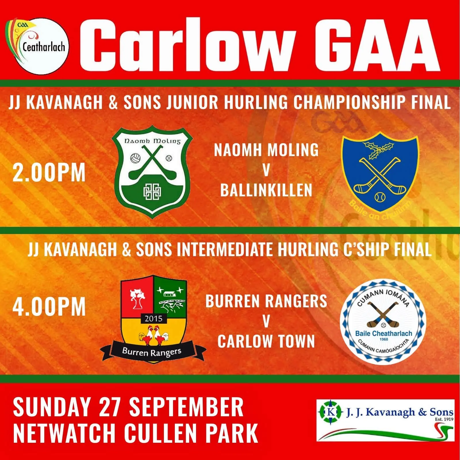 JJ Kavanagh & Sons Intermediate Hurling Championship Final: Burren Rangers v Carlow Town flyer
