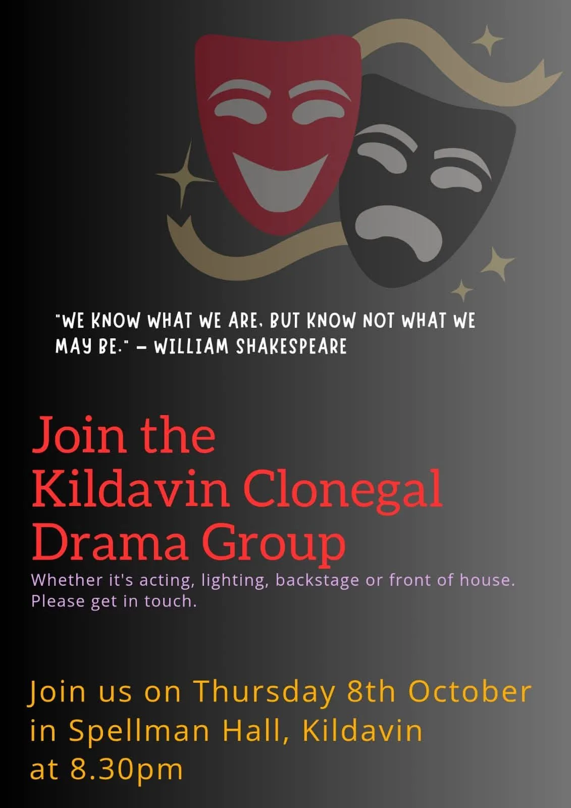 Join the Kildavin Clonegal Drama Group — Open Night flyer