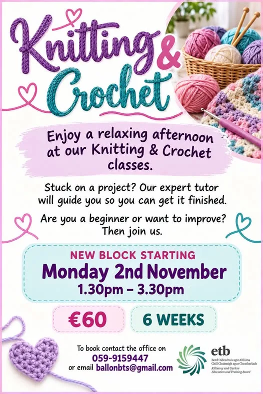 Knitting & Crochet — Afternoon Classes (6 Weeks) flyer
