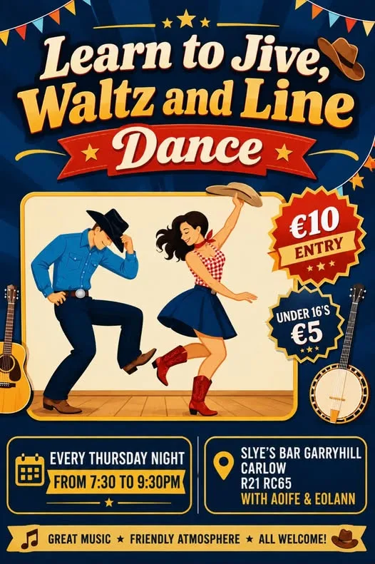 Learn to Jive, Waltz and Line Dance — Slye’s Bar flyer