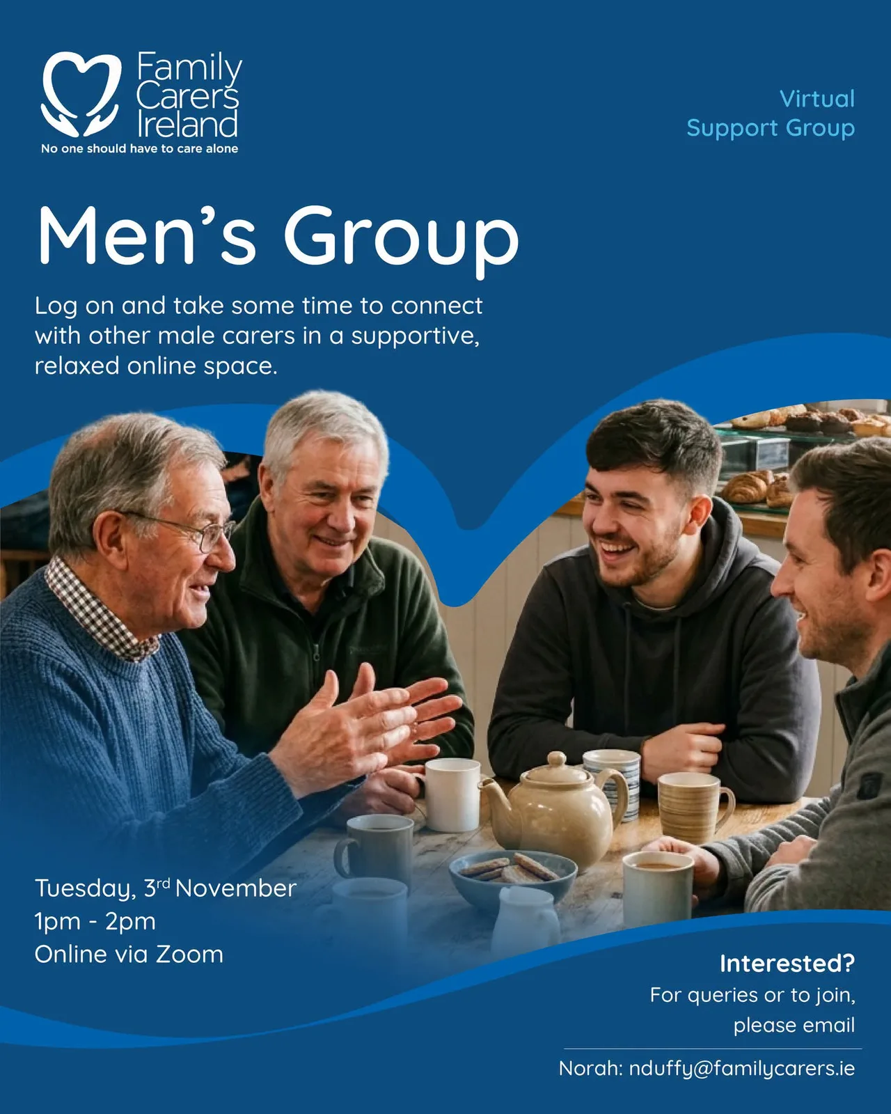 Men’s Group (Virtual Support Group) — Family Carers Ireland flyer