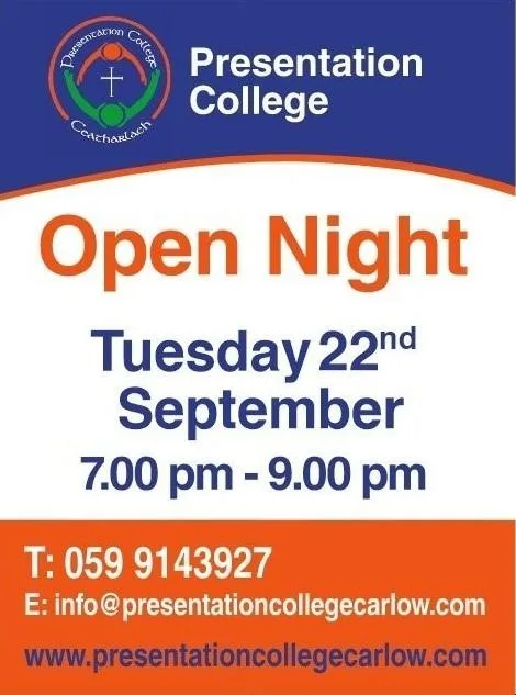 Presentation College Carlow — Open Night flyer