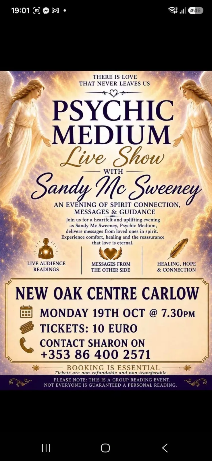 Psychic Medium Live Show with Sandy Mc Sweeney — New Oak Centre flyer