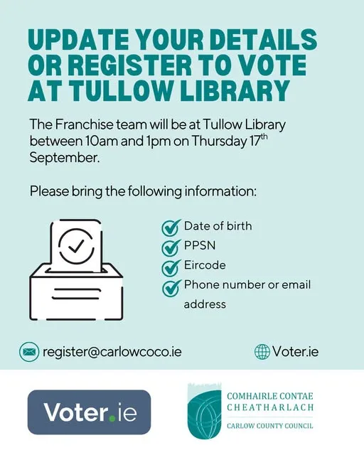 Register to Vote at Tullow Library flyer