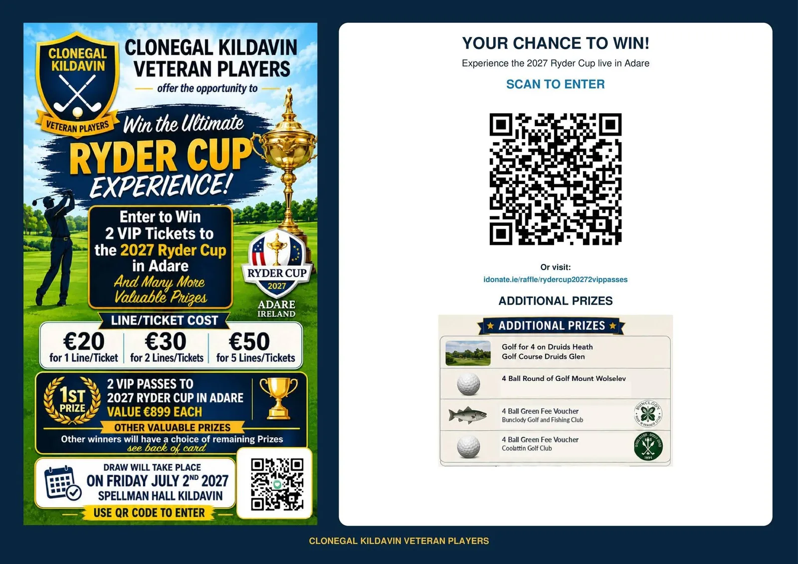 Ryder Cup Experience Raffle Draw — Clonegal Kildavin Veteran Players flyer