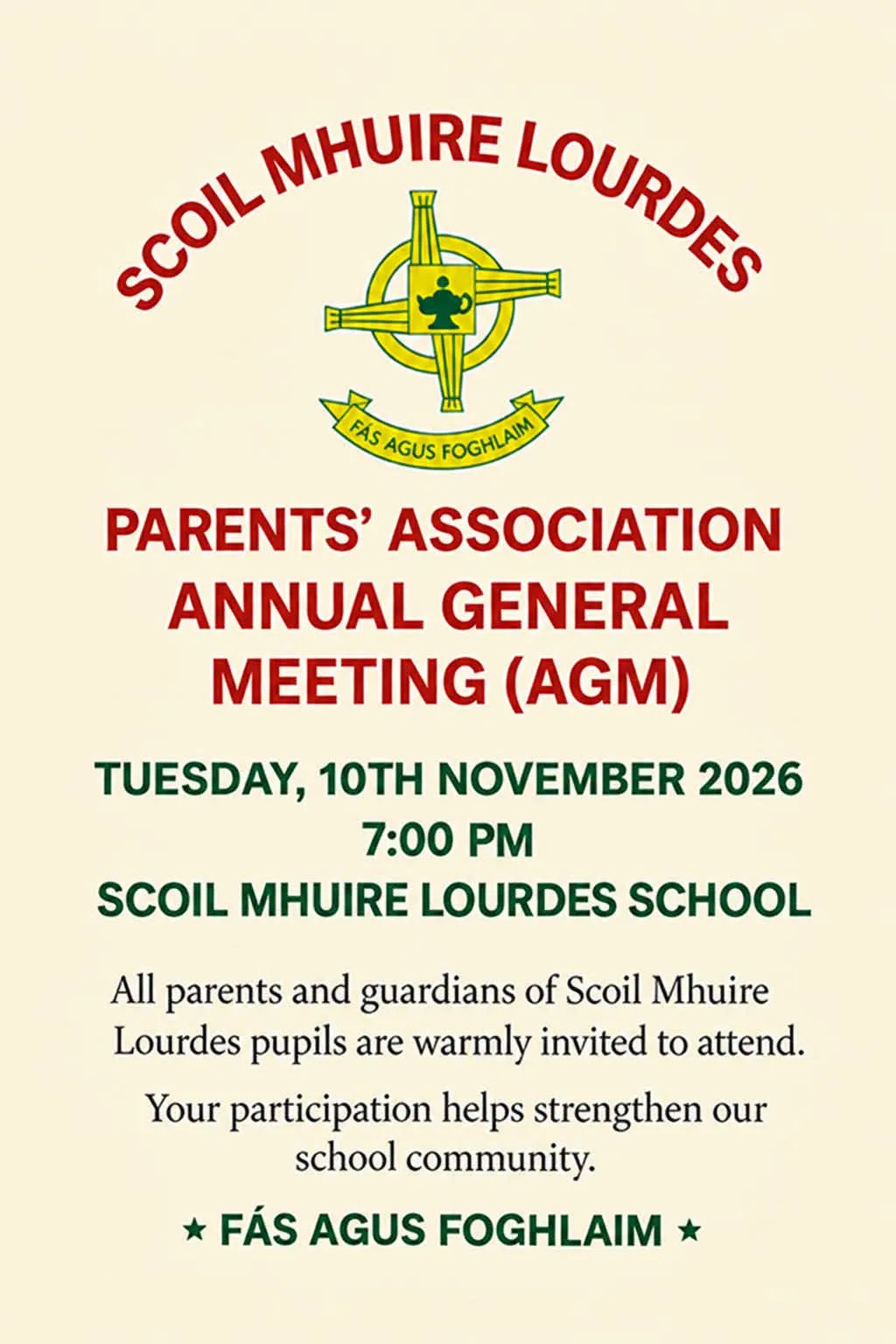 Scoil Mhuire Lourdes Parents’ Association — Annual General Meeting flyer