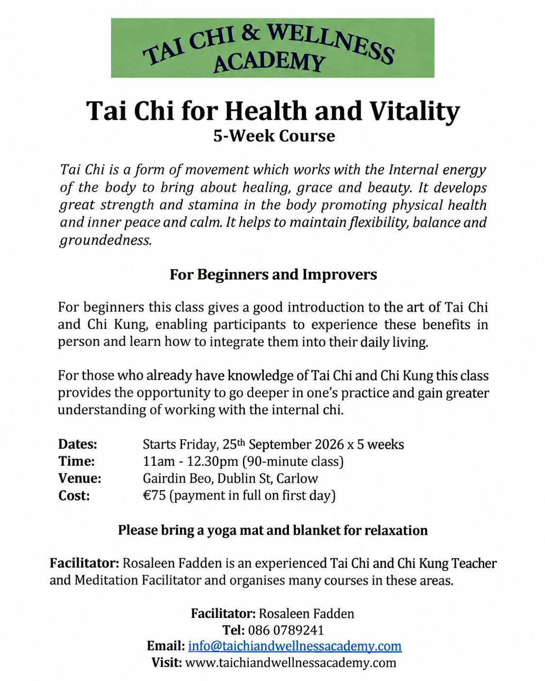 Tai Chi for Health and Vitality — 5-Week Course flyer