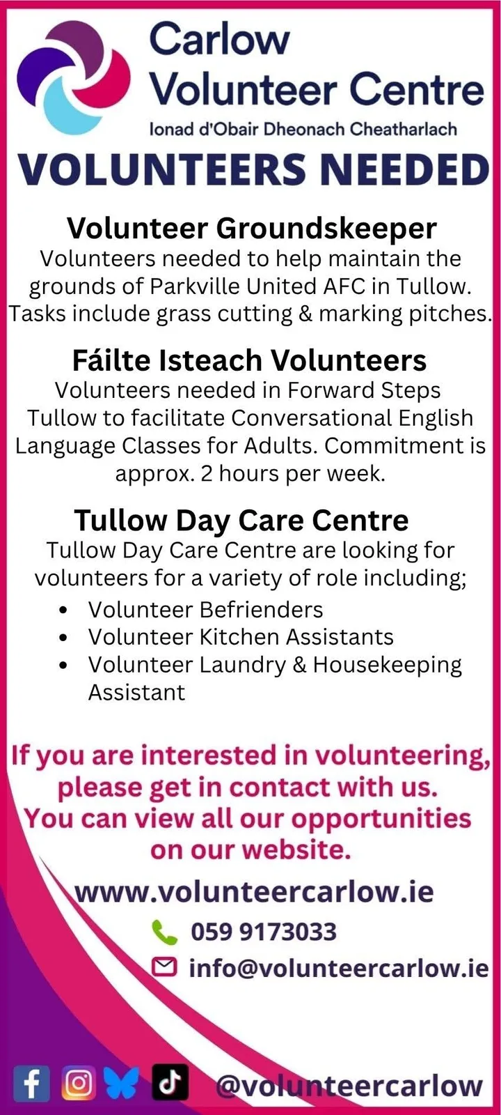 Volunteer Groundskeeper Needed — Parkville United AFC, Tullow flyer