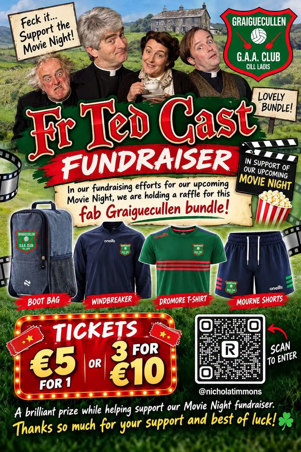 Fr Ted Cast Fundraiser Raffle — Graiguecullen GAA Movie Night flyer